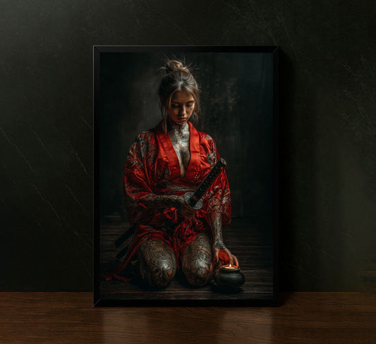 Elegant Samurai Woman With Dragon Tattoo Canvas Wall Art