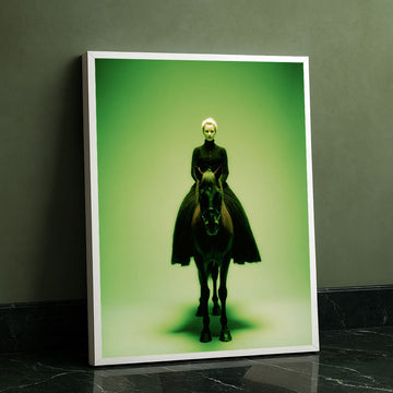 Enchanting Woman On Black Horse In Green Glow Canvas Wall Art