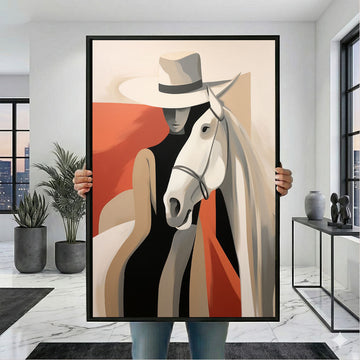 Captivating Woman With White Horse And Hat Canvas Wall Art