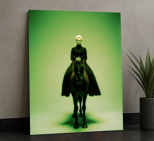 Enchanting Woman On Black Horse In Green Glow Canvas Wall Art