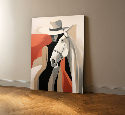 Captivating Woman With White Horse And Hat Canvas Wall Art