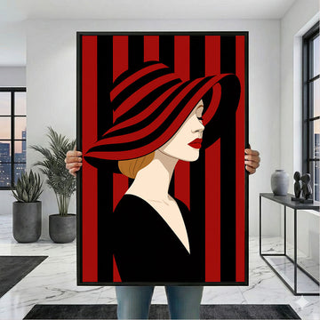 Elegant Woman in Red Hat Canvas Wall Art Print | Modern Pop Art Living Room Decor | Statement Piece