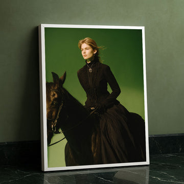 Majestic Woman Riding Black Horse Portrait Canvas Wall Art