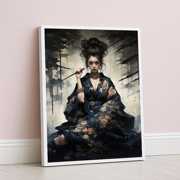 Enchanting Samurai Woman In Floral Kimono Canvas Wall Art