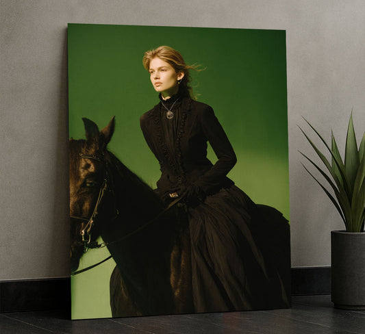 Majestic Woman Riding Black Horse Portrait Canvas Wall Art