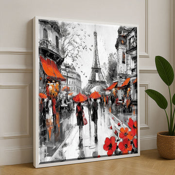Paris Street Scene With Red Umbrellas Canvas Wall Art