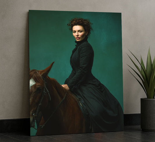 Elegant Woman Riding Horse In Black Dress Canvas Wall Art
