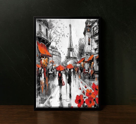 Paris Street Scene With Red Umbrellas Canvas Wall Art