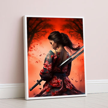 Enchanting Samurai Woman With Floral Kimono Canvas Wall Art