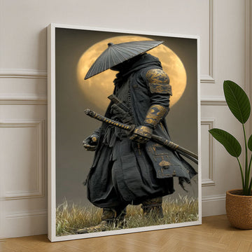 Mystical Samurai Warrior With Full Moon Canvas Wall Art