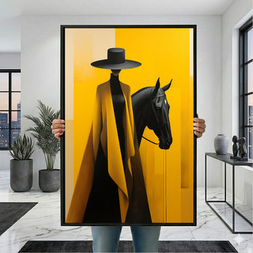 Striking Woman In Yellow Cape With Horse Canvas Wall Art
