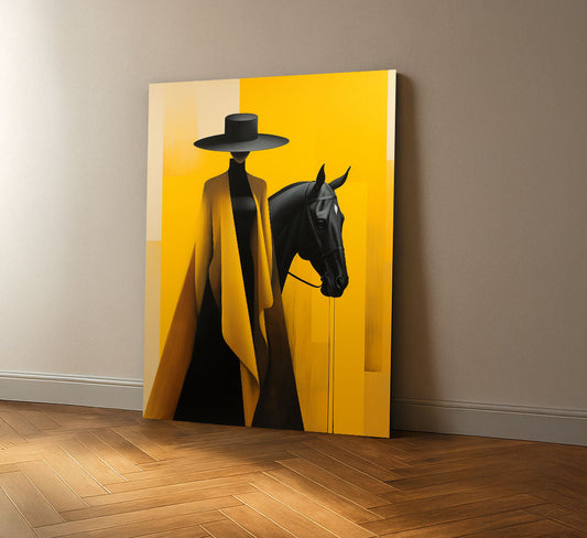 Striking Woman In Yellow Cape With Horse Canvas Wall Art