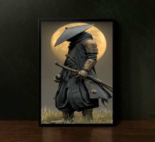 Mystical Samurai Warrior With Full Moon Canvas Wall Art