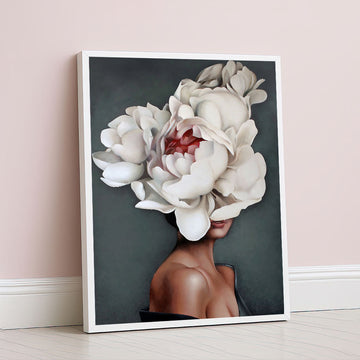 Enchanting Woman With White Peony Head Canvas Wall Art