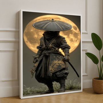 Mystical Samurai With Full Moon Canvas Wall Art