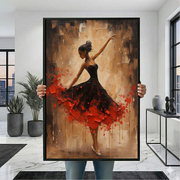 Enchanting Black Ballerina In Red Dress Canvas Wall Art