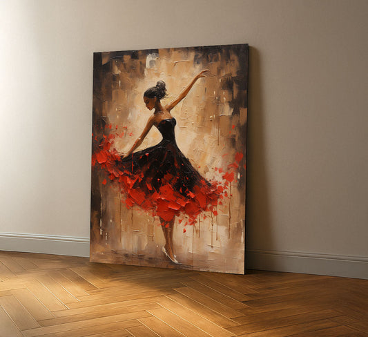 Enchanting Black Ballerina In Red Dress Canvas Wall Art