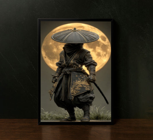 Mystical Samurai With Full Moon Canvas Wall Art