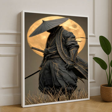 Elegant Samurai Warrior Under Full Moon Canvas Wall Art