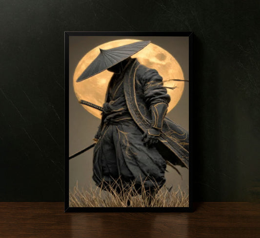 Elegant Samurai Warrior Under Full Moon Canvas Wall Art