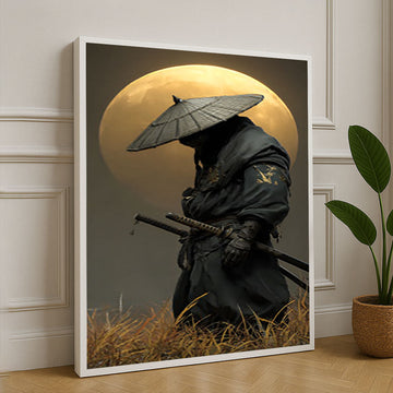 Mysterious Samurai Under Full Moon Canvas Wall Art