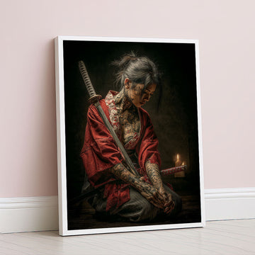 Enchanting Tattooed Samurai Woman In Red Kimono Canvas Wall Art