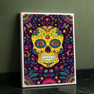Vibrant Yellow Sugar Skull With Floral Patterns Canvas Wall Art