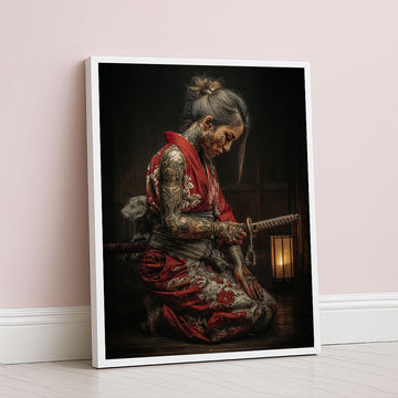 Enchanting Tattooed Samurai Woman In Red Kimono Canvas Wall Art