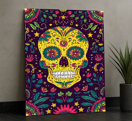 Vibrant Yellow Sugar Skull With Floral Patterns Canvas Wall Art