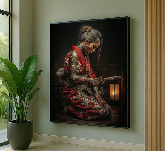 Enchanting Tattooed Samurai Woman In Red Kimono Canvas Wall Art