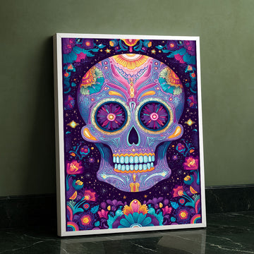 Vibrant Colorful Sugar Skull With Floral Patterns Canvas Wall Art