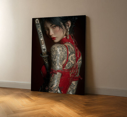 Enchanting Tattooed Samurai Woman With Sword Canvas Wall Art