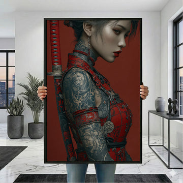 Captivating Tattooed Samurai Woman In Red Armor Canvas Wall Art
