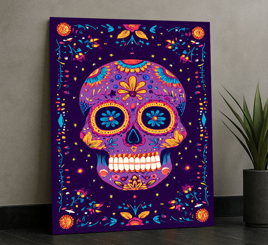 Vibrant Floral Sugar Skull Design Canvas Wall Art