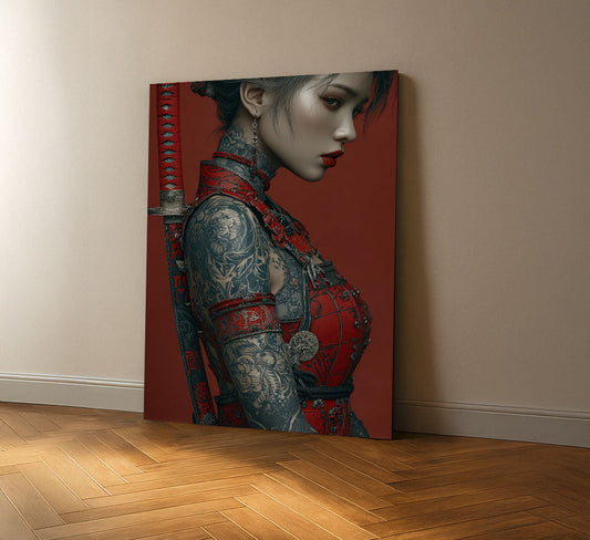 Captivating Tattooed Samurai Woman In Red Armor Canvas Wall Art