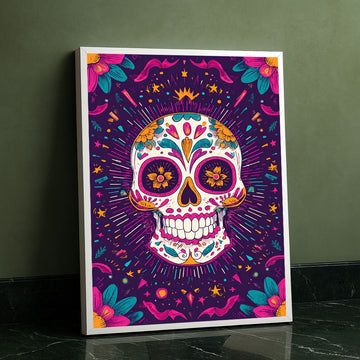 Vibrant Sugar Skull With Floral Patterns Canvas Wall Art