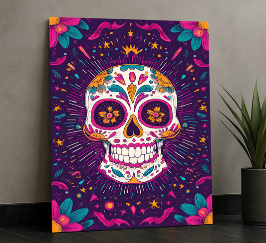 Vibrant Sugar Skull With Floral Patterns Canvas Wall Art