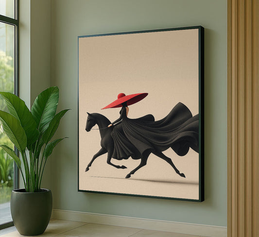 Elegant Woman In Red Hat Riding Horse Canvas Wall Art
