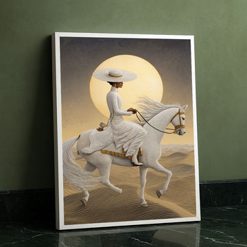 Elegant Woman On White Horse Under Moon Canvas Wall Art