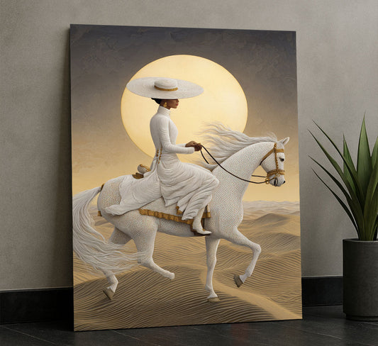 Elegant Woman On White Horse Under Moon Canvas Wall Art