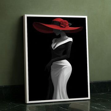 Elegant Woman In Red Hat And Black Gown Canvas Wall Art