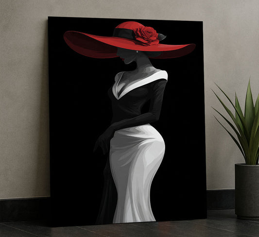 Elegant Woman In Red Hat And Black Gown Canvas Wall Art