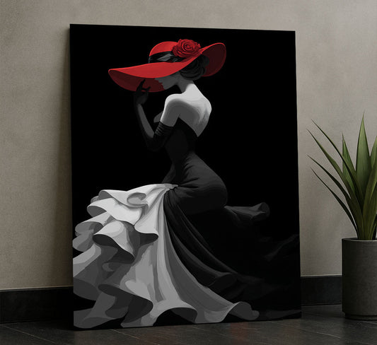 Elegant Woman In Red Hat And Black Dress Canvas Wall Art