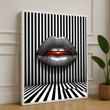Bold Monochrome Striped Lips Optical Illusion Canvas Wall Art