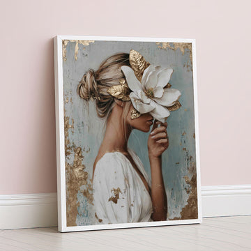Captivating Woman With Gold Accents And Flower Canvas Wall Art
