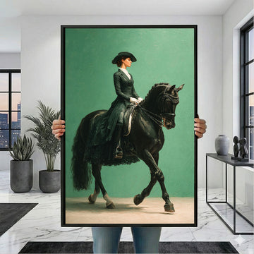 Elegant Lady Riding Black Horse Canvas Wall Art
