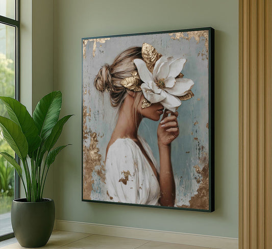 Captivating Woman With Gold Accents And Flower Canvas Wall Art