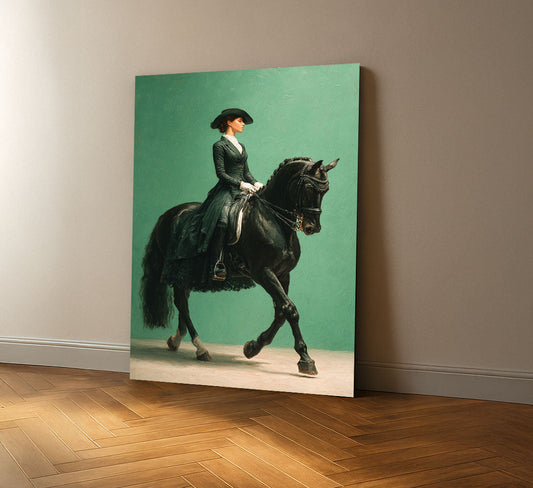 Elegant Lady Riding Black Horse Canvas Wall Art