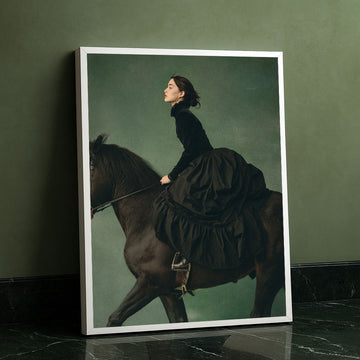Elegant Woman Riding Black Horse Canvas Wall Art