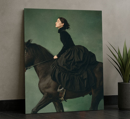 Elegant Woman Riding Black Horse Canvas Wall Art